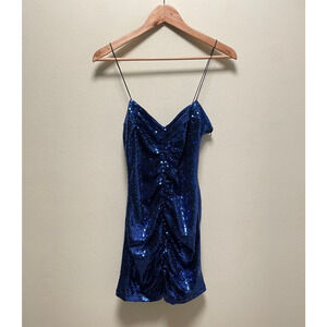 Zara Womens Mini Dress Large Blue Sequin Ruched Stretch Strappy Blogger Fave
